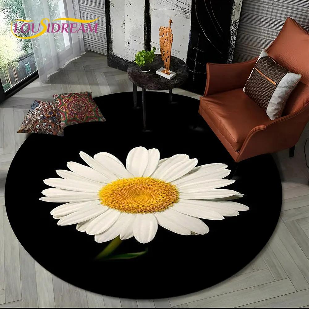 3D Daisy Nordic Flower Sunflower Round Area Rug,Carpet for Living Room Children's Bedroom Sofa Playroom Decor,Non-slip Floor Mat