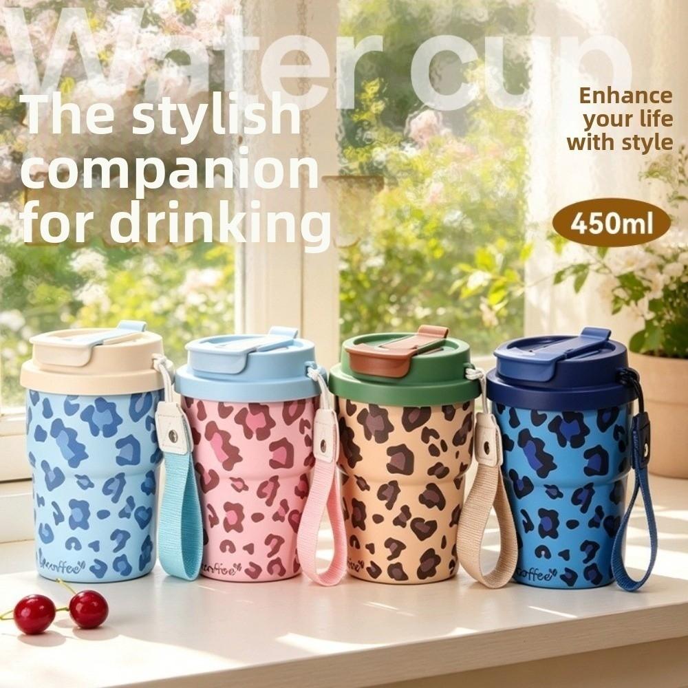Leopard Print Thermal Water Bottle 450ml Drinking Straw Cup Vacuum Flask Sports Activities