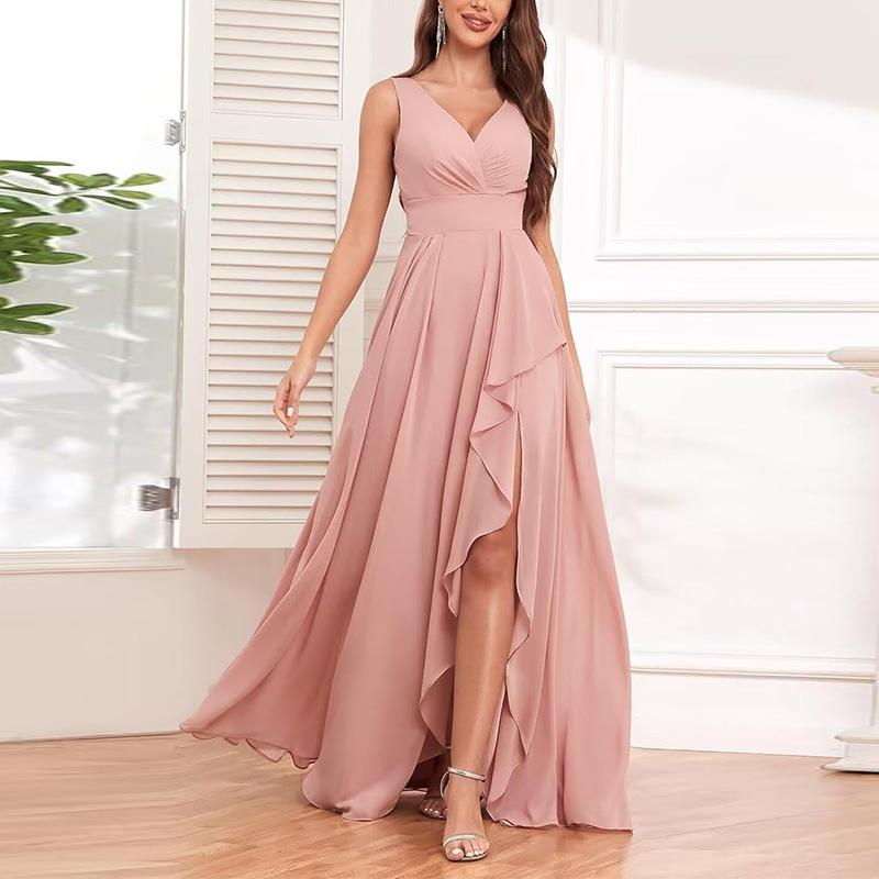 2026 European and American Cross-border Amazon Dress Spring Women's Medium and Long Evening Dress High Waist V-neck Banquet Skirt