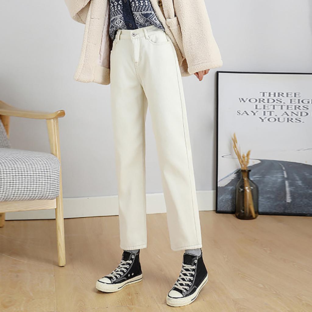 Fashion Women Plus Velvet Loose High Waist Casual  Jeans Straight Pants