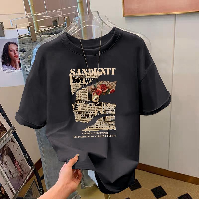 

Dark gray pure cotton shoulder retro short-sleeved T-shirt women s 2025 summer new European product design loose top ins S