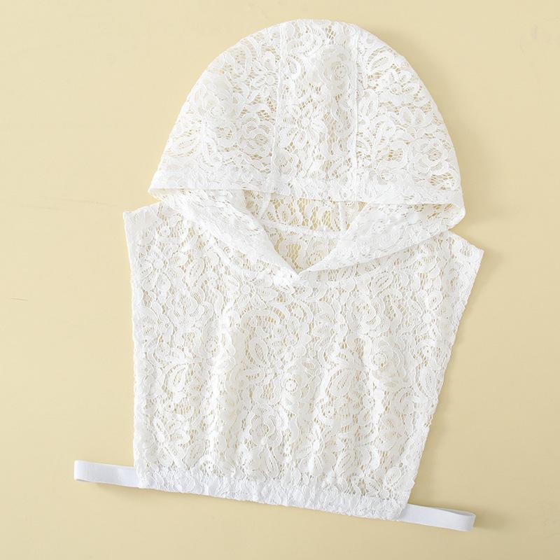 

Жіночий светр із білим мереживом із штучним коміром і капелюшком. Модна порожниста основа сорочки, прикраса із штучним коміром