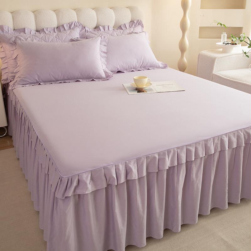 3pcs Minimalist Solid Color Bed Skirt Set, Contemporary Style, Polyester 100.00%, Machine Wash, Red, Lace, Ruffle, Soft and Comfortable Fabric