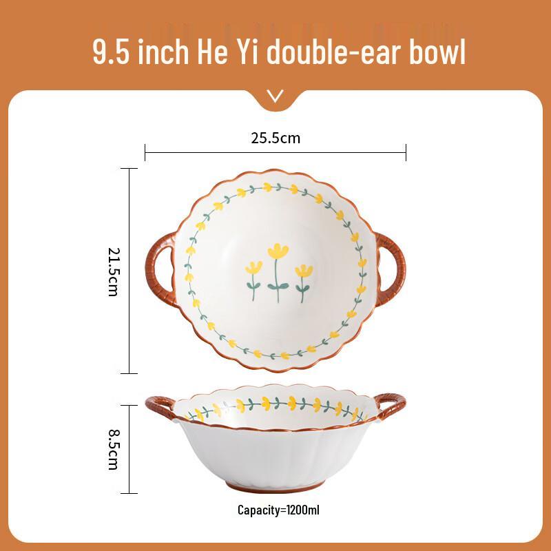 Stylish Underglaze Ceramic Double-Handle Bowl 9.5 inch