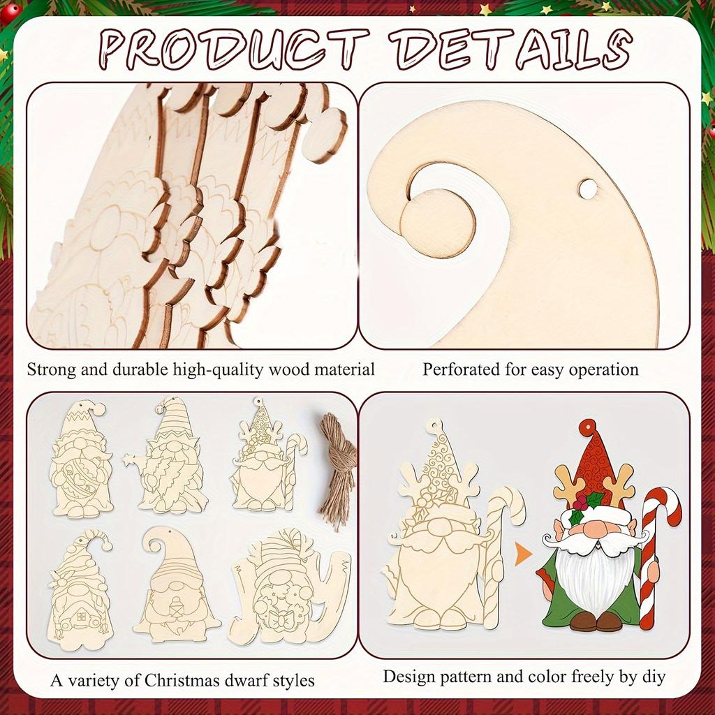 6/12/24/36 Unfinished wooden cut-outs, festive Christmas dwarf wooden decorations suitable for DIY crafts and painting