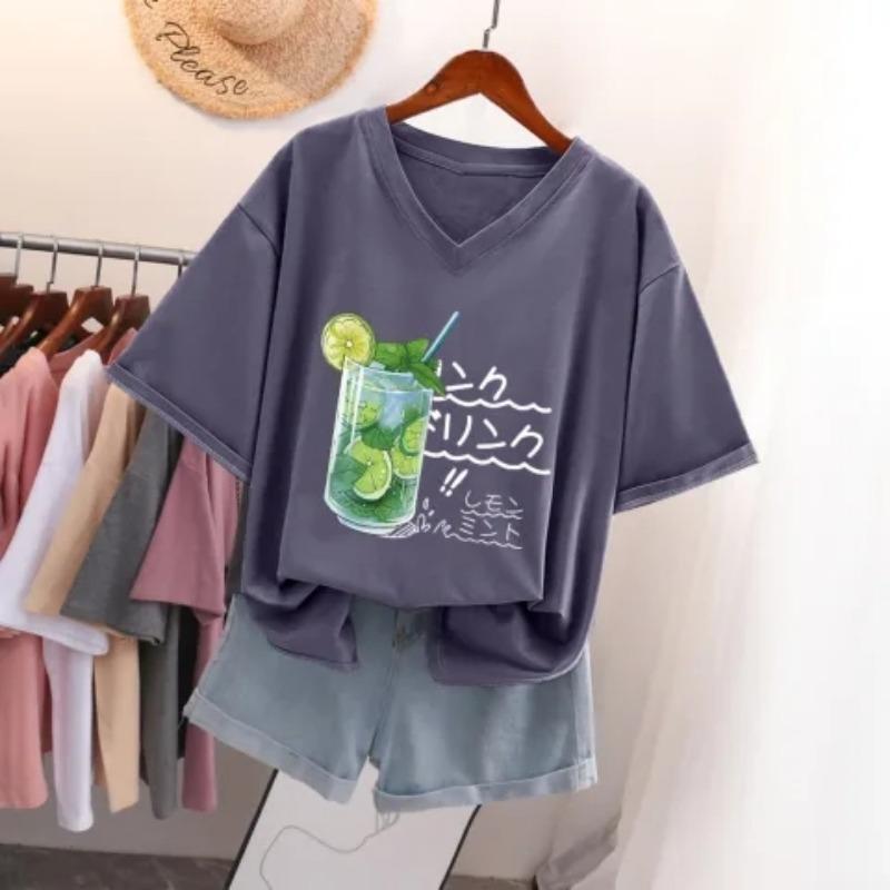 Kurzärmeliges T-Shirt für Damen Große Größe Lockeres und Schlankmachendes Design Nische Reine Baumwolle V-Ausschnitt Oberteil, das den Bauch bedeckt