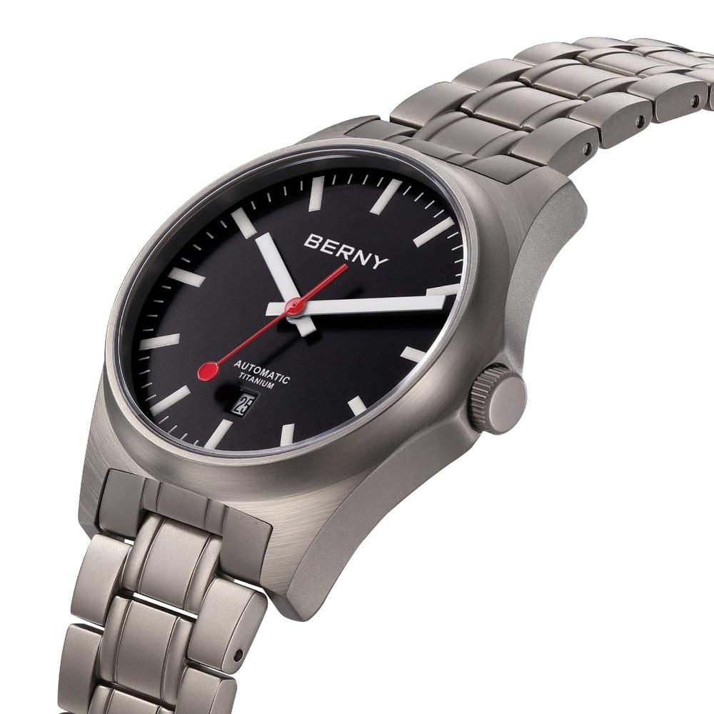 BERNY Titanium Mechanical Watch Automatic Railroad Watch 100M Water Resistant Calendar AR Sapphire Crystal