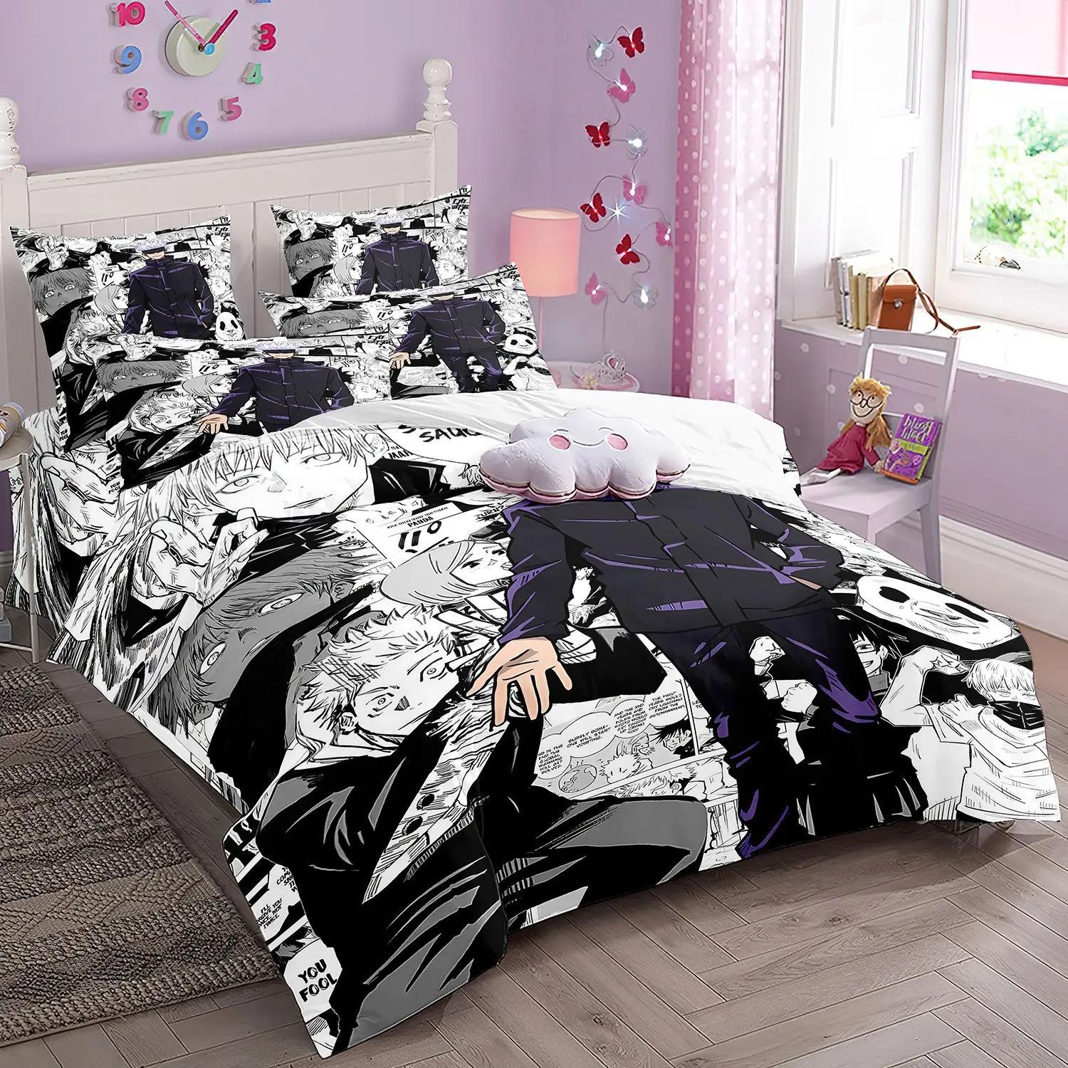 Nouveaux ensembles de literie Anime Jujutsu Kaisen Housse de couette taie d'oreiller Satoru Gojo Taille Queen King Double Lit Adulte Enfants Linge de lit Cadeau 135x200cm (3pcs)