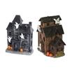 Halloween Light-Up House Ornament, Resin Building with White Figures and Gourd Motifs for Seasonal Display Scenes