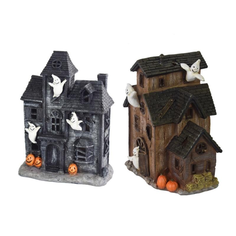 Halloween Light-Up House Ornament, Resin Building with White Figures and Gourd Motifs for Seasonal Display Scenes