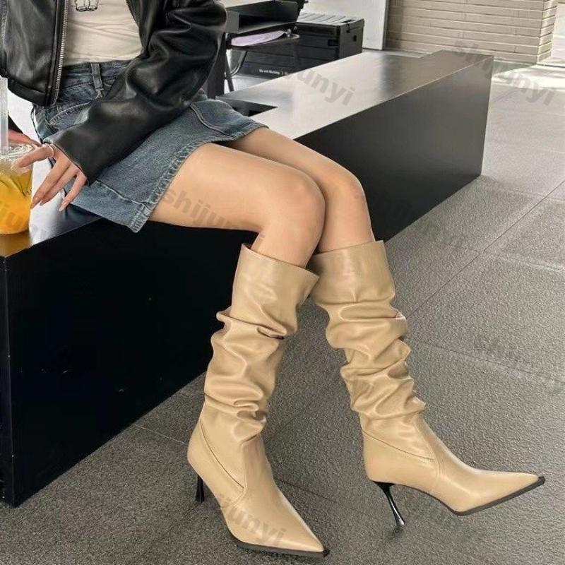 Women Pointy Pleated Boots High Heels Black Female Knee High Boots Women Autumn Fashion Stiletto Ladies Pointy Rubber Footwear