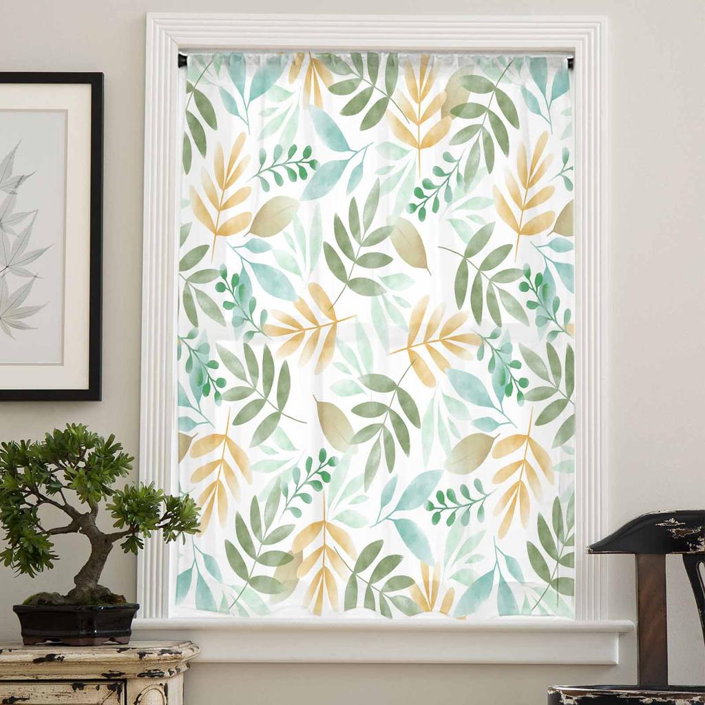 Plant Tea Green Forest Green Leaves Watercolor Rural Sheer Curtains for Kids Living Room Voile Window Curtains Tulle Drapes