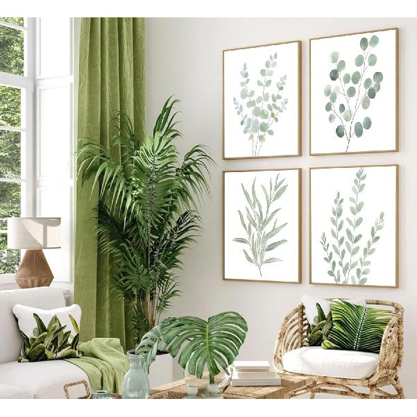 4Pcs Eucalyptus Botanical Wall Art Sage Green Bathroom Pictures Watercolor Mint Green Plant Leaves Poster Print Modern Minimalist Aesthetics Canvas