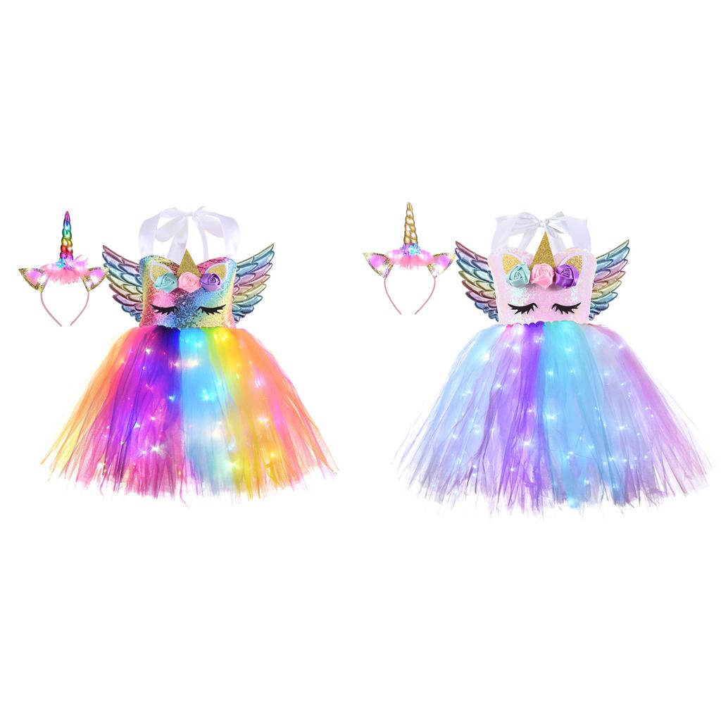 Mädchen LED Licht Kostüm Süßes Pailletten Regenbogen Kleid mit Flügel und Haarreif für Festival Geburtstagsparty Kostümierung Cosplay 8T 125-140cm