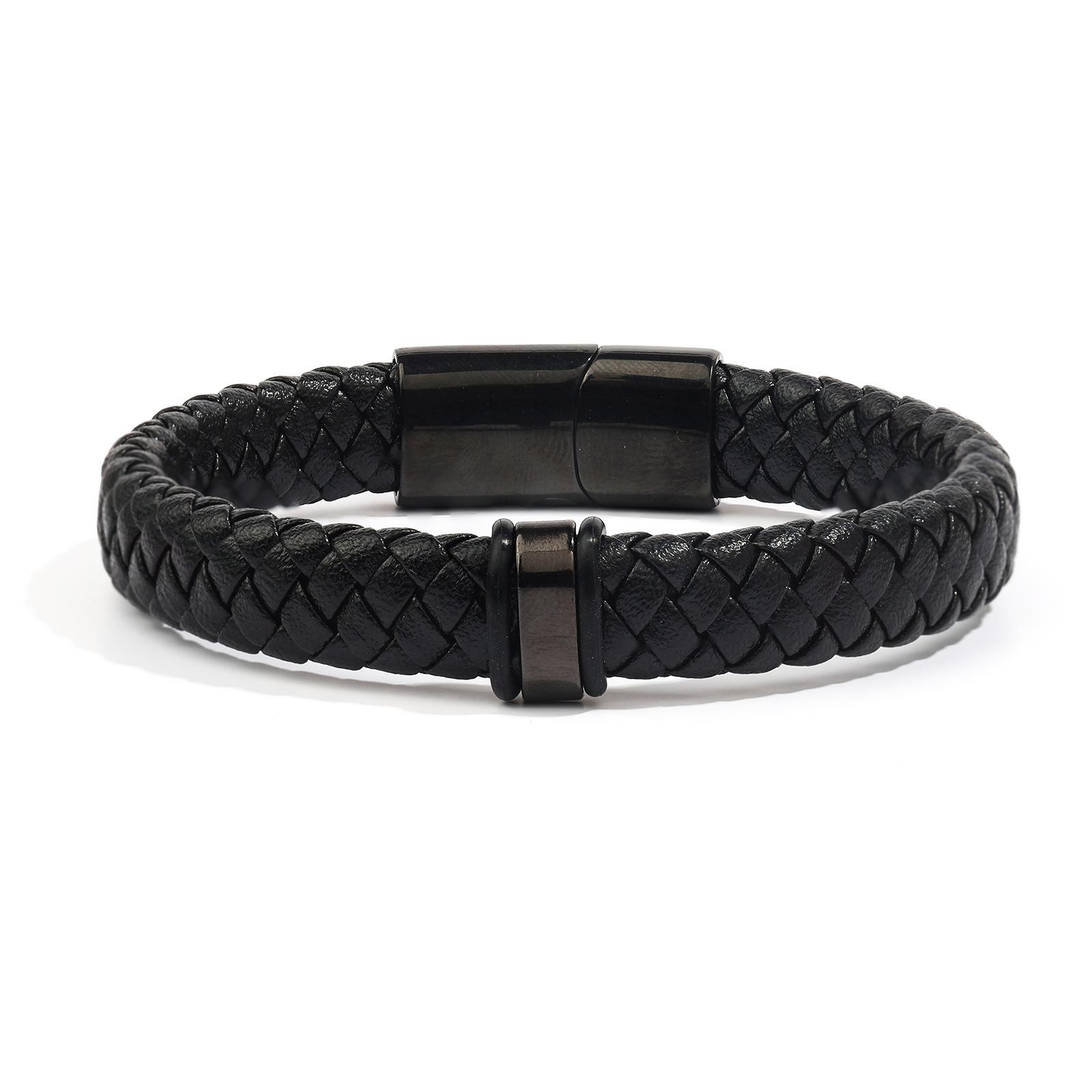 Men s Leather Bracelet Birthday Gift Stainless Steel Positioning Ring Magnetic Buckle Black Leather Positioning Ring Engraved Bracelet 2-section tail buckle