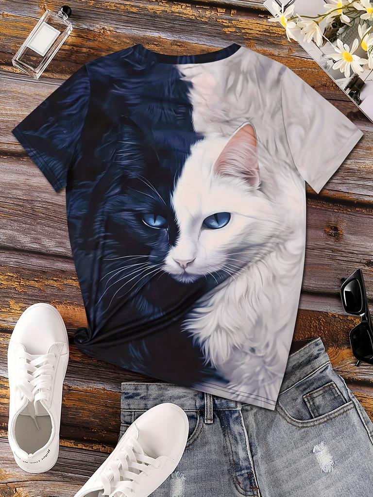 Casual Vacation Abstract Painting Gradual Change Color Animal Cat Graphics Full Body Print Breathable V Neck Short Sleeve T-shirt