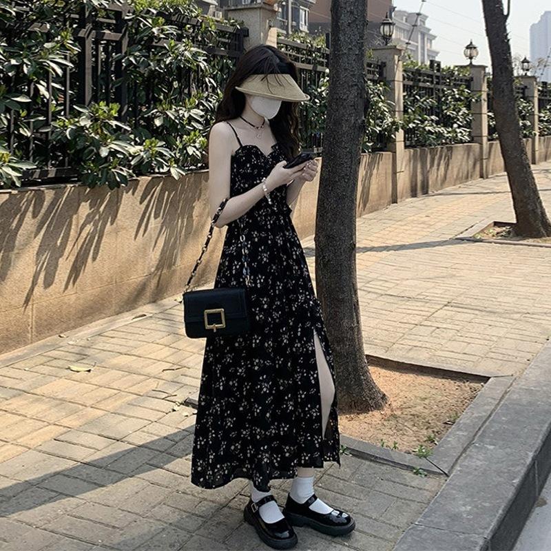 French coffee break suspender floral dress new women's summer black temperament waist thin split dress