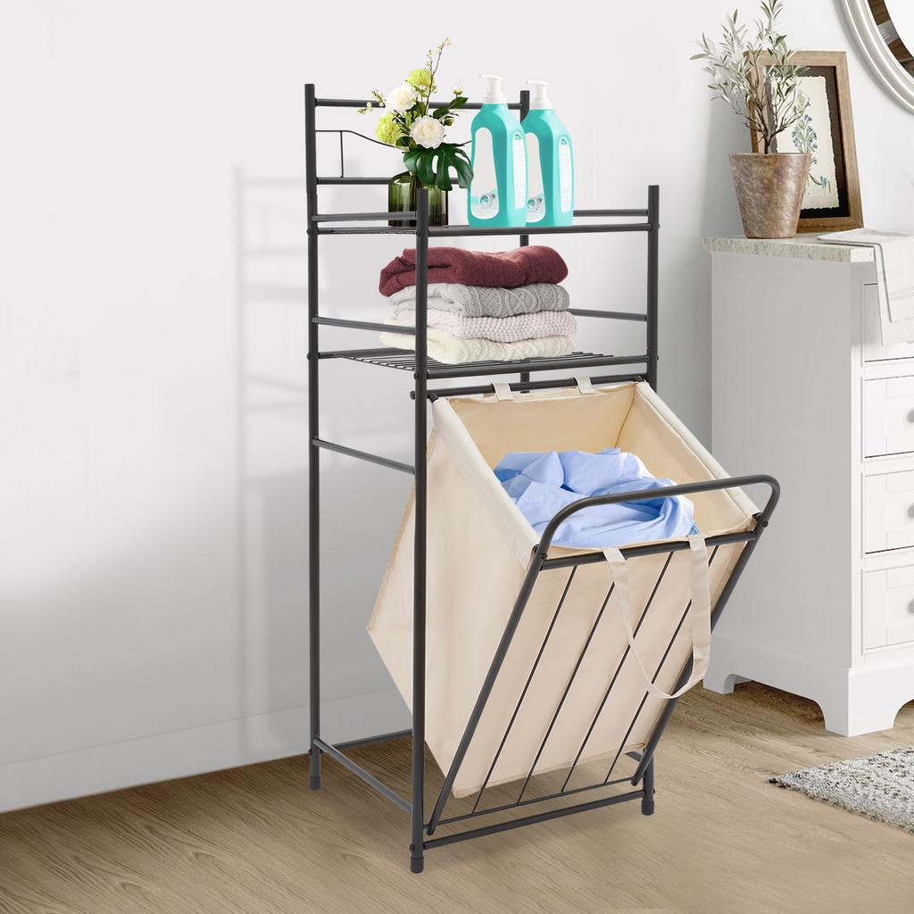 Modern 3-Tier Metal Laundry Hamper Organizer with Removable Bags, Multi-Purpose Storage Shelf Rack for Bedroom Bathroom Closet