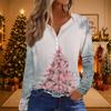 Women's Casual Christmas Print V-Neck Long Sleeve T-Shirt with Decorative Buttons