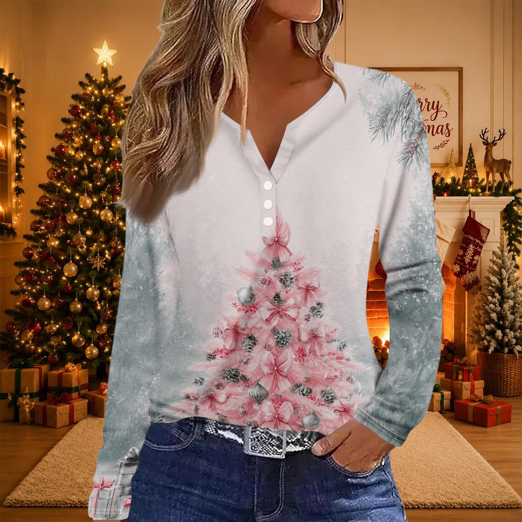 Women's Casual Christmas Print V-Neck Long Sleeve T-Shirt with Decorative Buttons