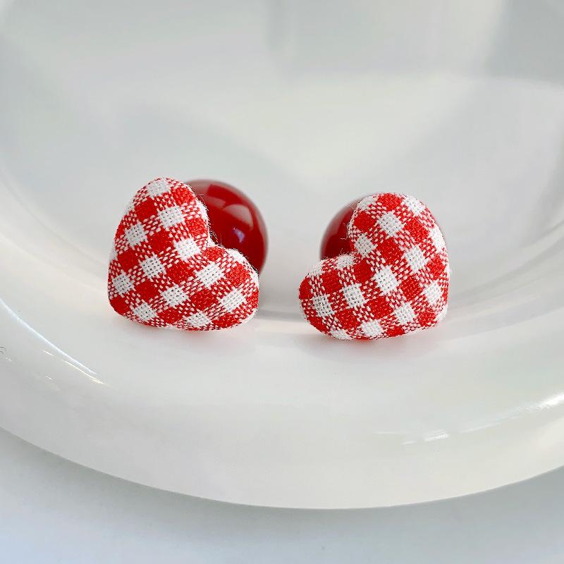 Cherry Red Heart Plaid Stud Earrings with Pearls - Christmas Autumn/Winter Light Luxury Essentials
