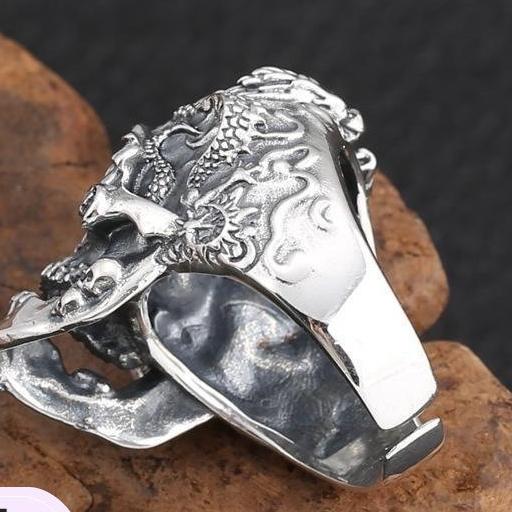 Retro Thai Silver Exaggerated Domineering Skull Ring, Thai Silver Men's Opening Adjustment Ring, Popular Personality