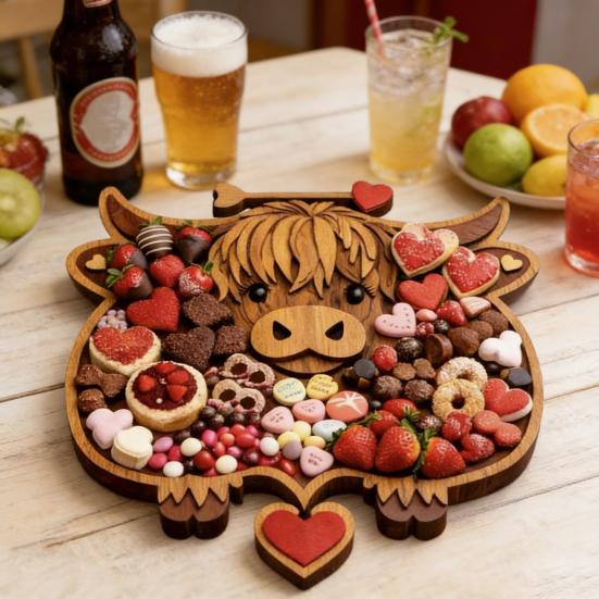 Highland Koe Charcuterieplank Rustieke Serveerplank met Compartimenten Houten Schaal voor Kaas Fruit Snacks Feest