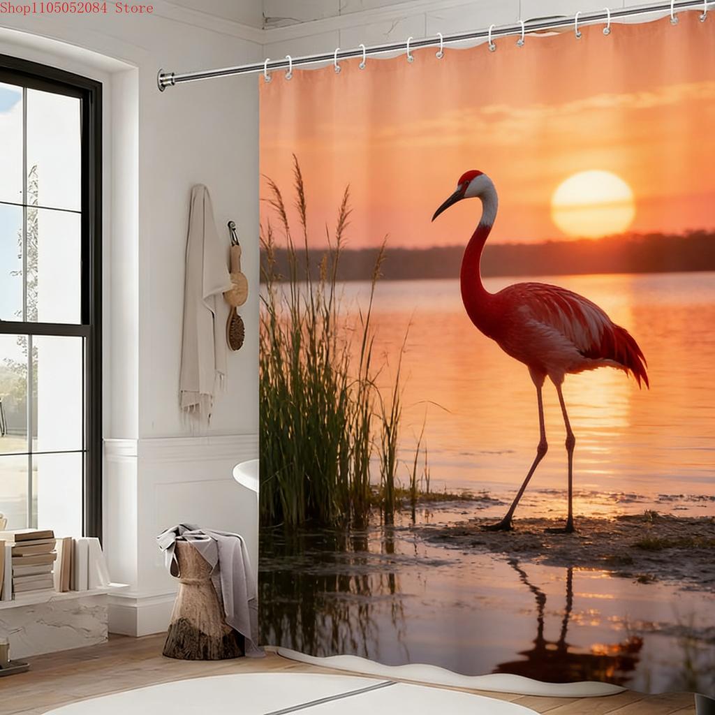 Red Bird at Sunset Lake Wetland Waterproof Shower Curtain for Tropical Bathroom Decor