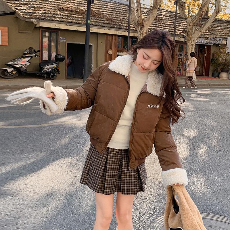 

Короткий пуховик с лацканами из овечьей шерсти, студенческая верхняя одежда XXL кофейный