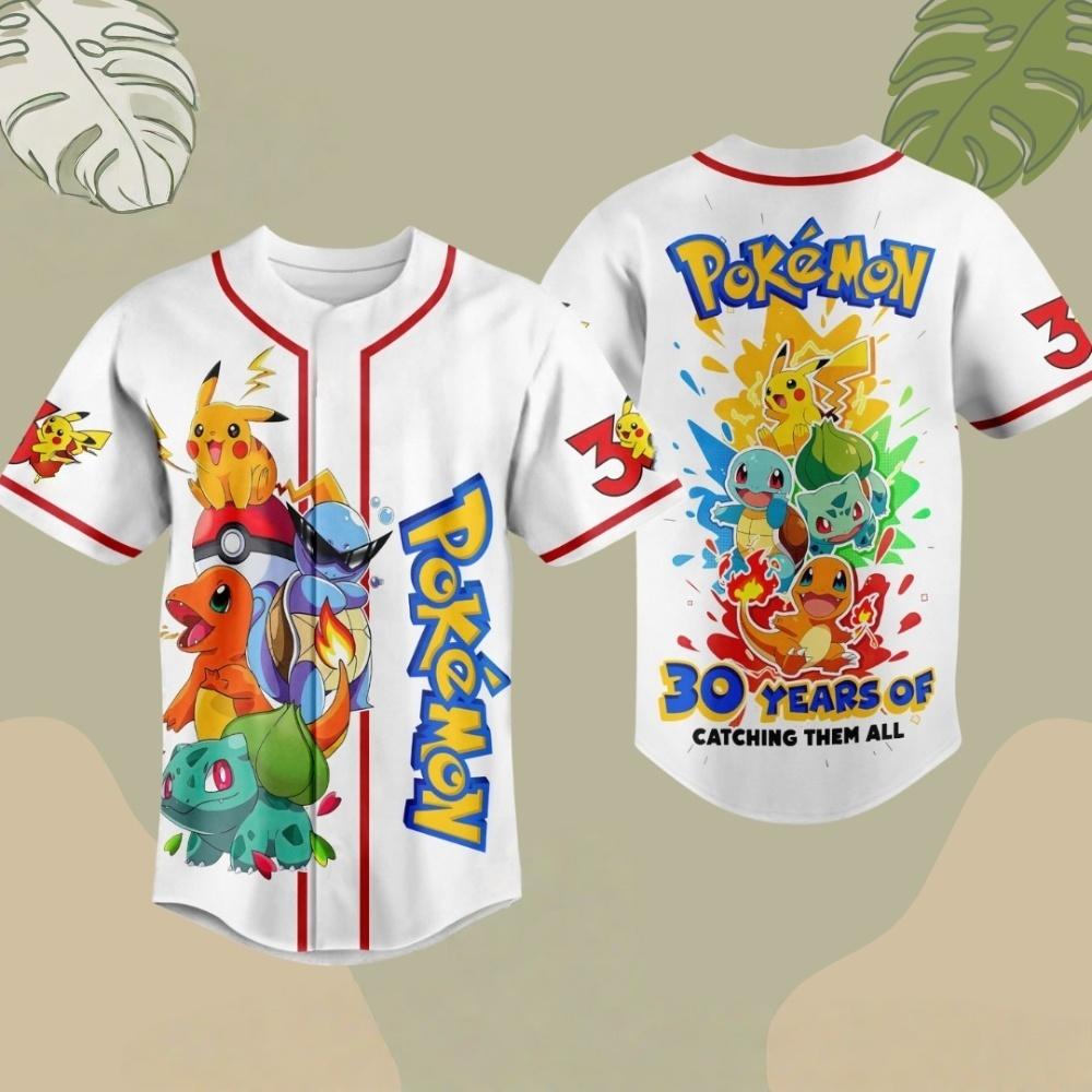 Summer Hot Selling Anime Pokémon Printed Baseball Joint White Shirt T-shirt Adult and Children Fashion Large Sports Leisure Shir