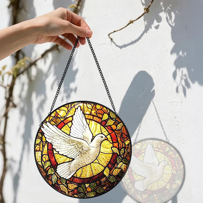 2D Flat Stained Glass Dove Window Decoration, 7.87inches Symbol of Peace Colored Glass Plate with Chain, Charming Sun Catcher Home Window Tree