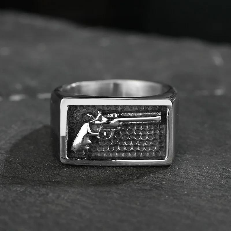 Fashion Vintage Guns Ring Heavy Sugar Stainless Steel Cowboy Men Anel Punk Gothic Ring Mens Biker Jewelry