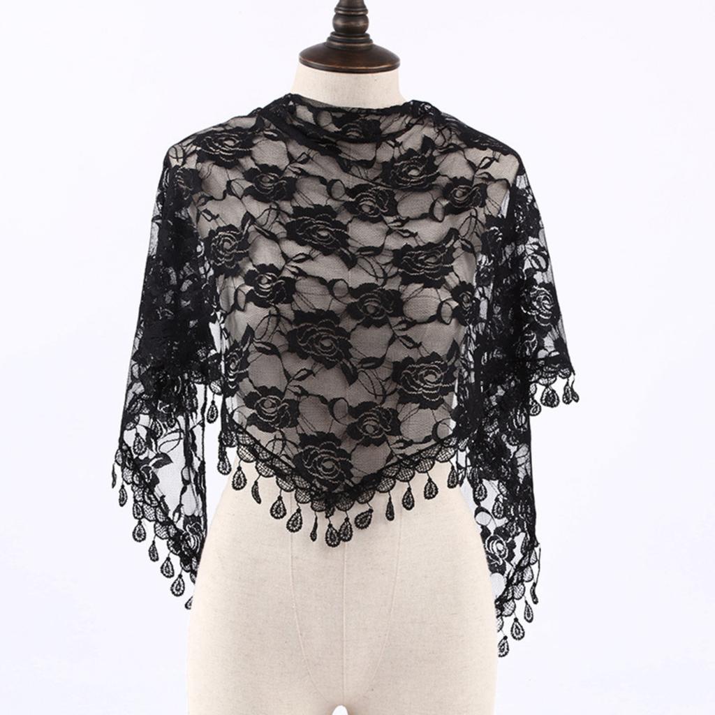 Mesh Lace Tassel Shawl Triangle Scarf Multifunctional Decorative Head Wrap Lightweight Single Layer Breathable Bridal Veil