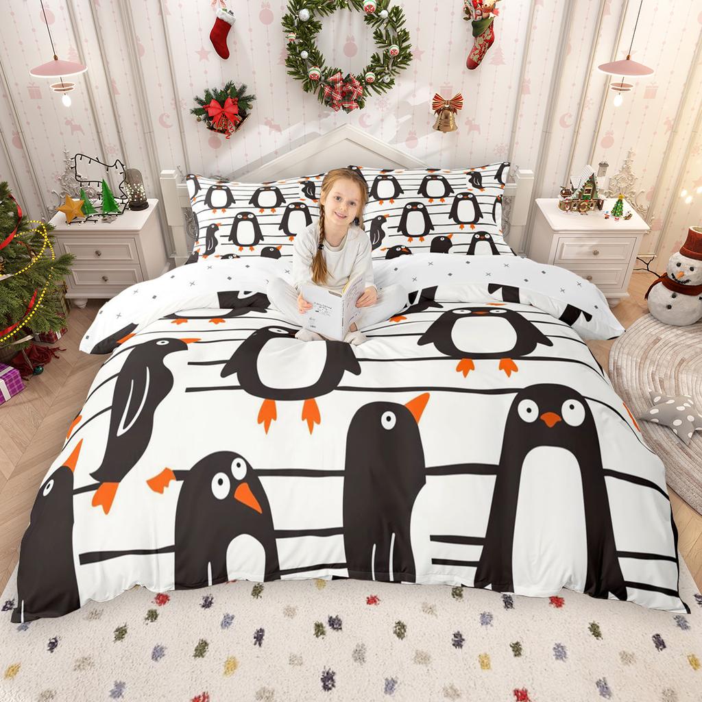 Homewish Cute Penguin Duvet Cover Set For Girls Boys Winter Snowflakes Comforter Cover Set Happy New Year Festival Bed Set