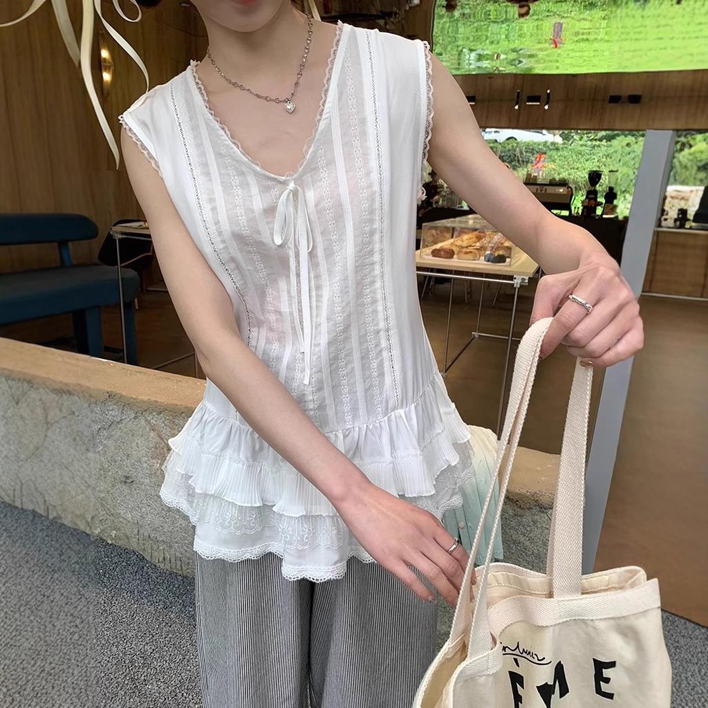Summer Women's New Japanese Fashion Casual Pure Desire Style Lace Splicing Lace-up Doll Shirt Sleeveless Vest Top