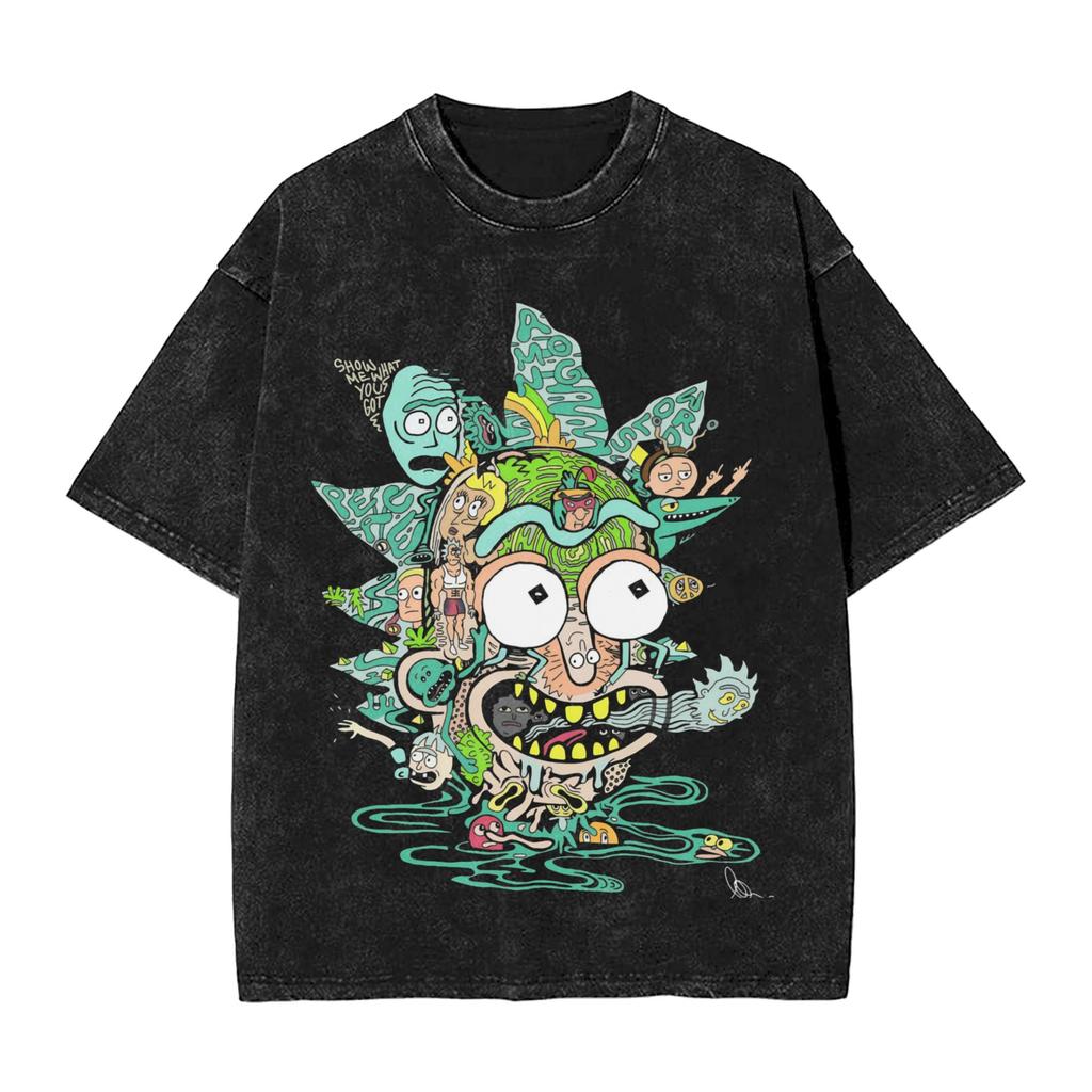 R-Rick and M-Morty Vintage Washed T-Shirt Men Polyester Clothing Kawaii Adventure Crewneck Short Sleeve