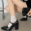 French Mary Jane High Heels Retro Word with Pointed Single Shoes Women's Autumn and Winter Black Thick Heel with Skirt Small Leather Shoes