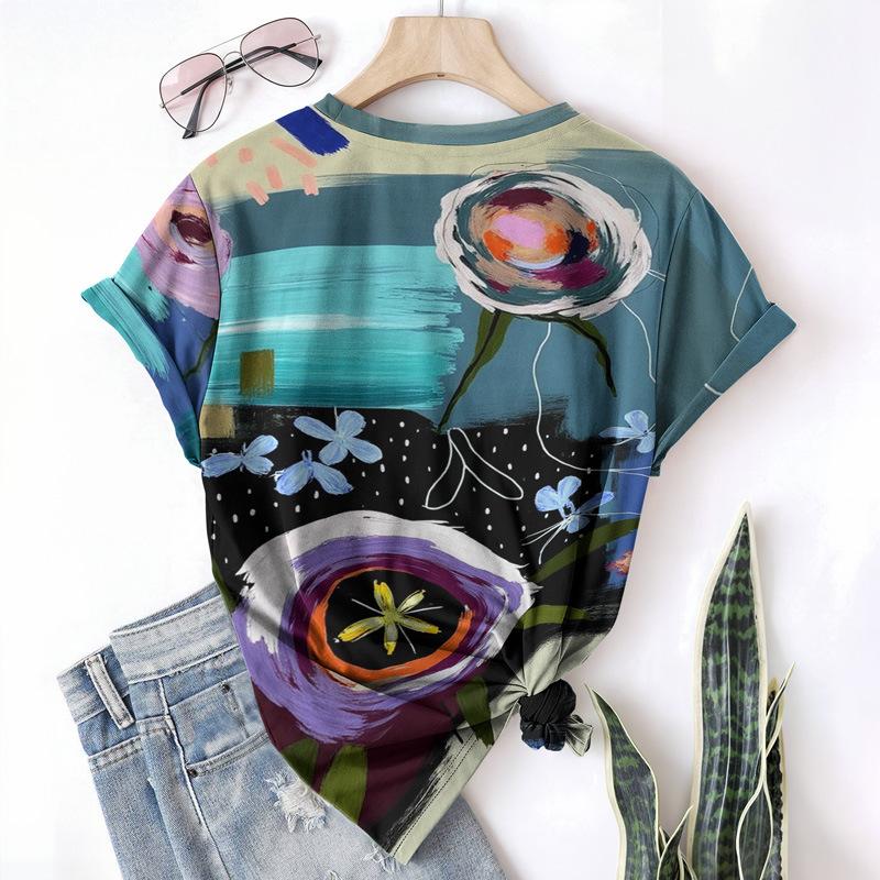 T-shirt da donna estiva a girocollo a maniche corte con motivo astratto stampato in 3D, artistica, leggera, casual e alla moda