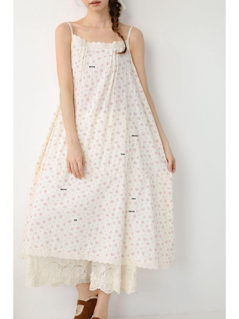 Spring/Summer 2026 Floral Print Spaghetti Strap Midi Dress - Sweet Mori Style with Lace Patchwork