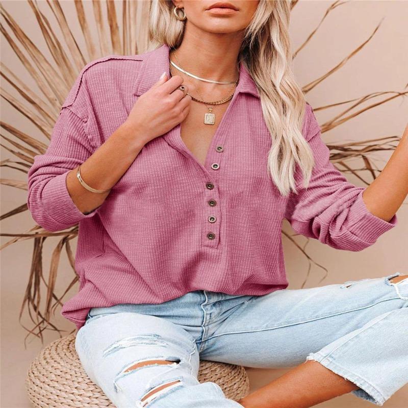 JPNTKY Women's Fashion Casual Solid Color Print Long Sleeve POLO Neck Blouses & Shirts
