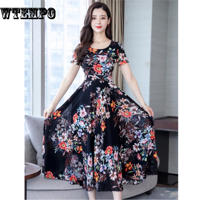WTEMPO Large Size Dress Long Skirt Female Summer Fashion Fashion Over the Knee Was Thin