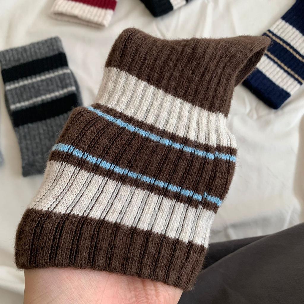 New Year'S Wool Socks Striped Contrasting Basic Korean Thickened Mid-Cut Women'S Socks Pit Strips To Keep Warm