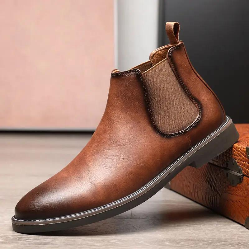 Youth Men's New Style Spring Fall British Leather Chelsea Short Boots Anti Slip Breathable Versatile British Fashion Boots