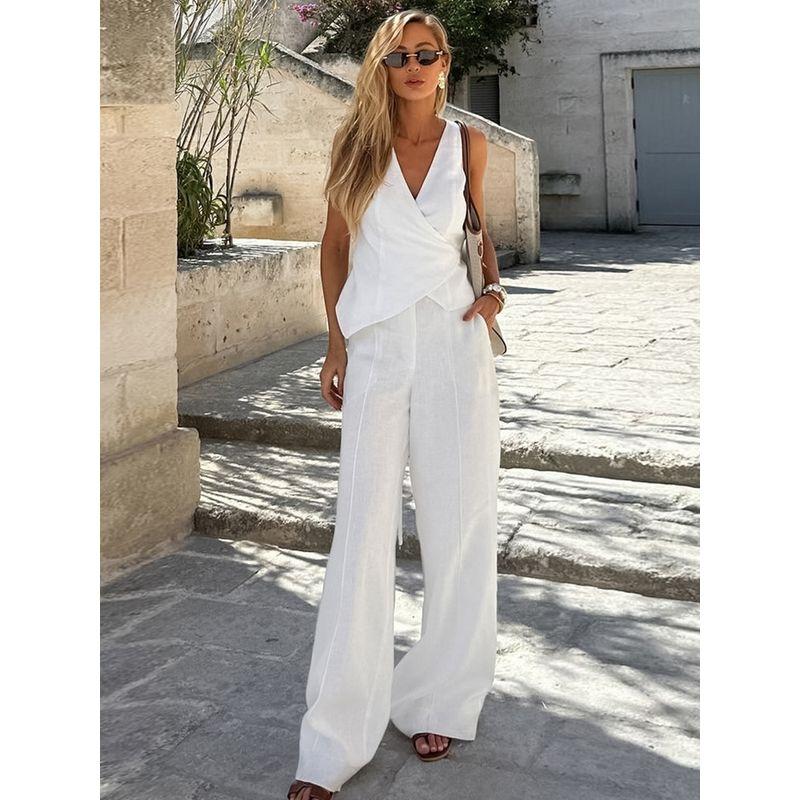 European and American Women Summer Set Sleeveless V-neck Top White 2-Piece Set Fashion Loose Trousers 2025 New