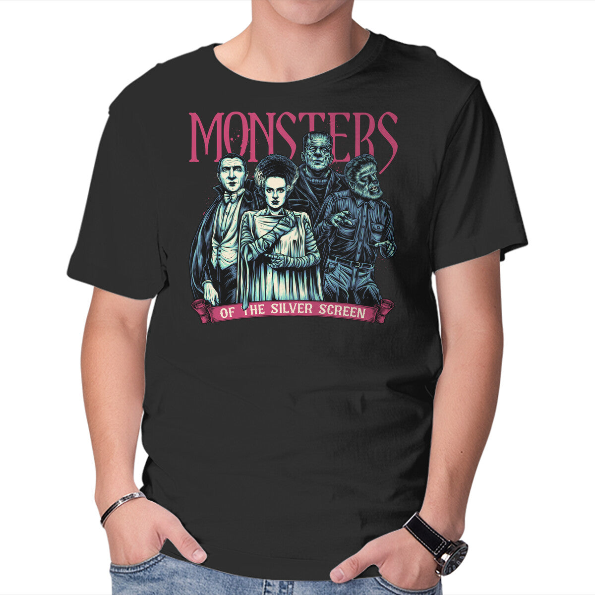 Unisex Crew Neck T-Shirt Monsters Of The Silver Screen Graphic Short Sleeve Casual Tee L