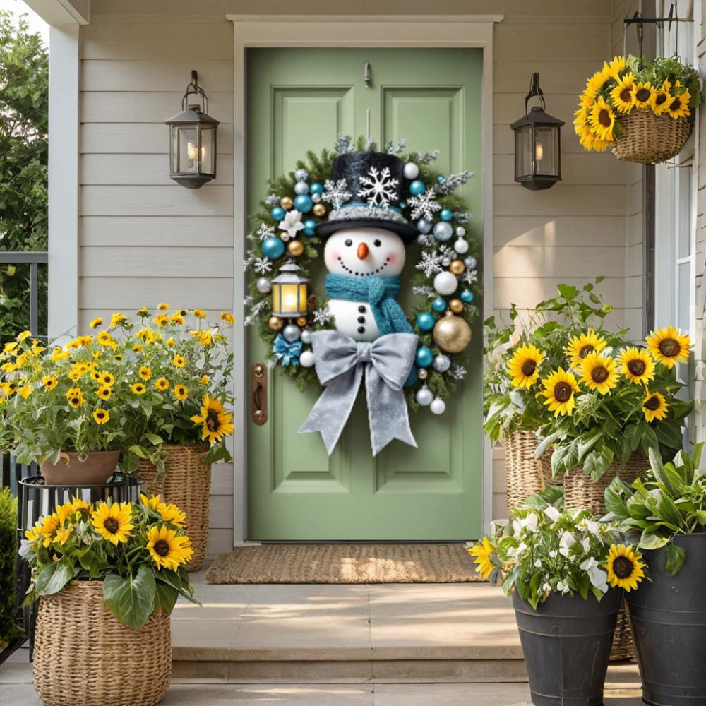 Snowman Wreath Green Lining For Christmas Doors Xmas Outdoor Decoration Door Cover For Front Door Home Christmas Party Supplies