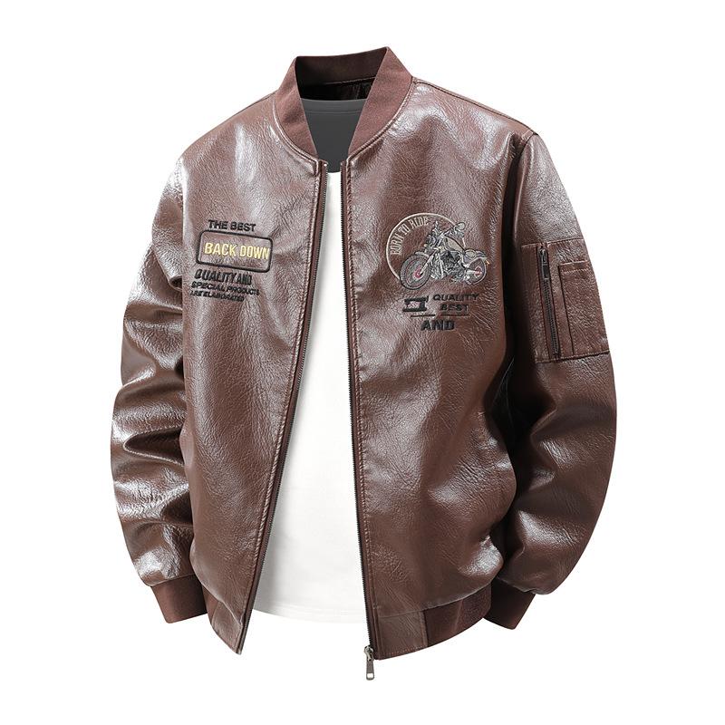 Locomotive Embroidery Men's Leather Jacket Large Size Soft Leather Baseball Collar Fleece Casual Loose Versatile Trendy Leather Jacket