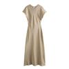 Women's Round Neck Cap Sleeve Midi Dress Straight Fit Mid Waist Solid Satin Casual Dress
