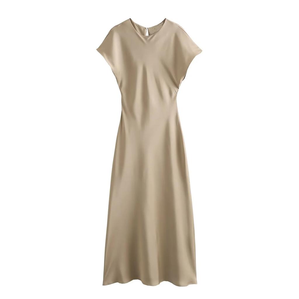 Women's Round Neck Cap Sleeve Midi Dress Straight Fit Mid Waist Solid Satin Casual Dress