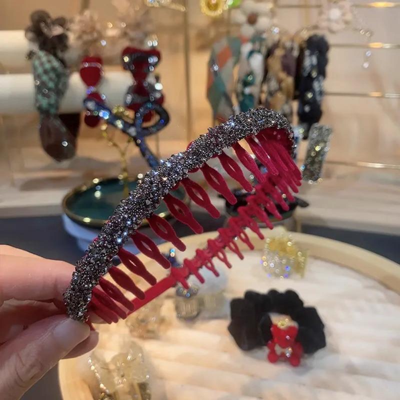 Bentiță elegantă de catifea cu strasuri, cu dinți, antiderapantă și elastic de păr pentru femei